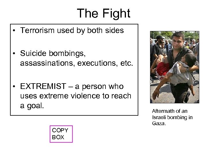 The Fight • Terrorism used by both sides • Suicide bombings, assassinations, executions, etc.