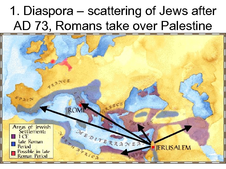 1. Diaspora – scattering of Jews after AD 73, Romans take over Palestine 
