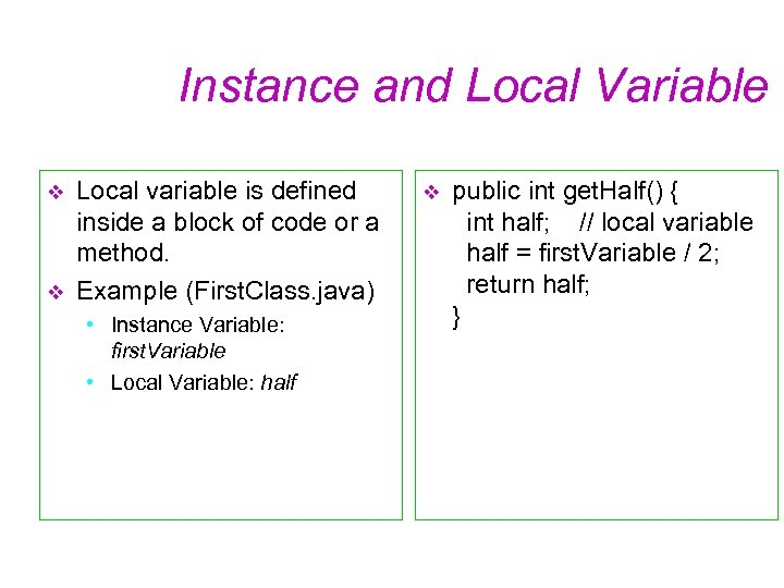 Instance and Local Variable v v Local variable is defined inside a block of