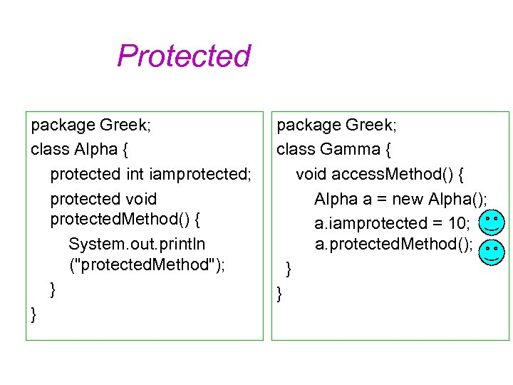 Protected package Greek; class Alpha { protected int iamprotected; protected void protected. Method() {