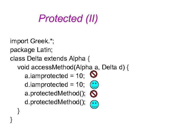 Protected (II) import Greek. *; package Latin; class Delta extends Alpha { void access.