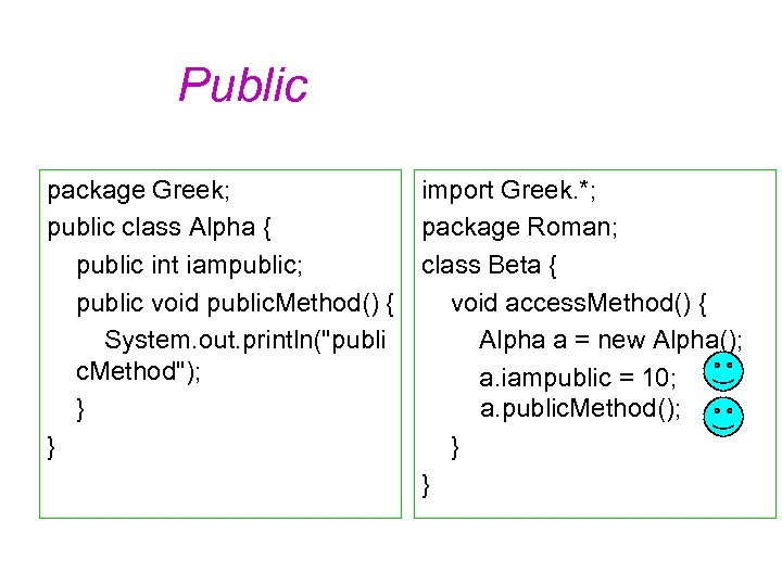 Public package Greek; public class Alpha { public int iampublic; public void public. Method()