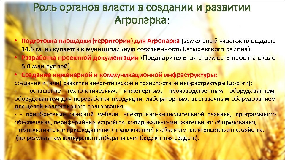 Роль органов власти в создании и развитии Агропарка: Агропарка • Подготовка площадки (территории) для