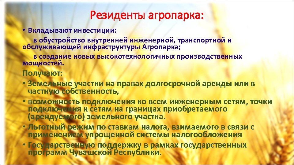 Резиденты агропарка: • Вкладывают инвестиции: в обустройство внутренней инженерной, транспортной и обслуживающей инфраструктуры Агропарка;