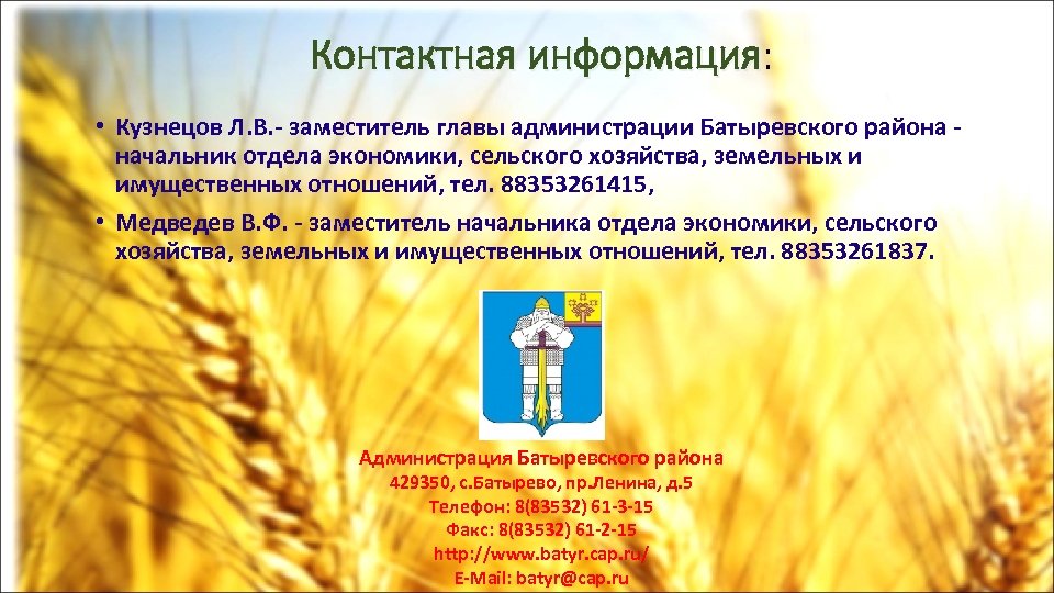 Контактная информация: информация • Кузнецов Л. В. - заместитель главы администрации Батыревского района -