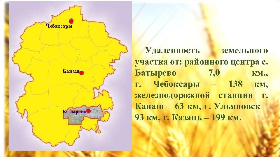 Чебоксары Канаш Батырево Удаленность земельного участка от: районного центра с. Батырево 7, 0 км.