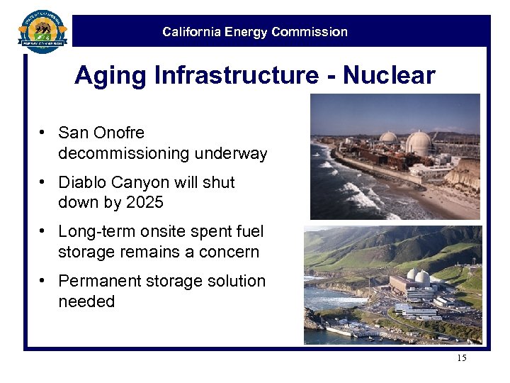 California Energy Commission Aging Infrastructure - Nuclear • San Onofre decommissioning underway • Diablo