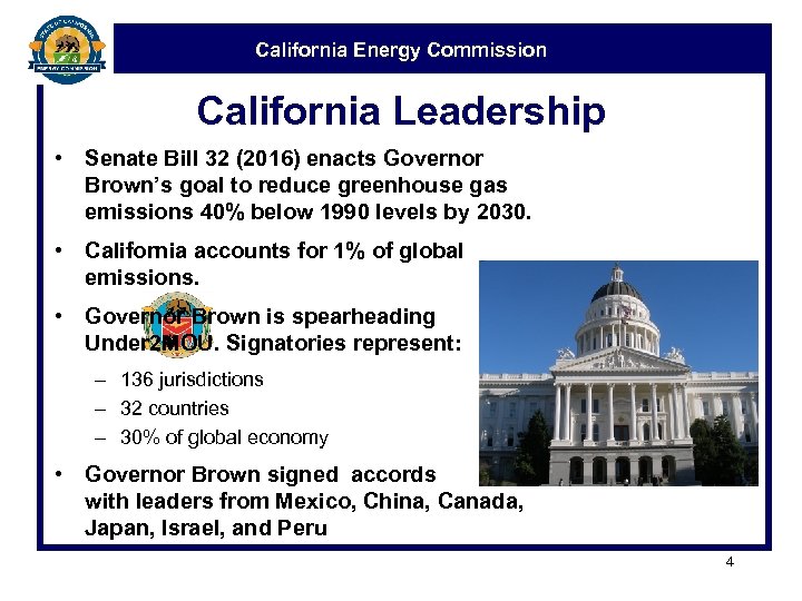 California Energy Commission California Leadership • Senate Bill 32 (2016) enacts Governor Brown’s goal