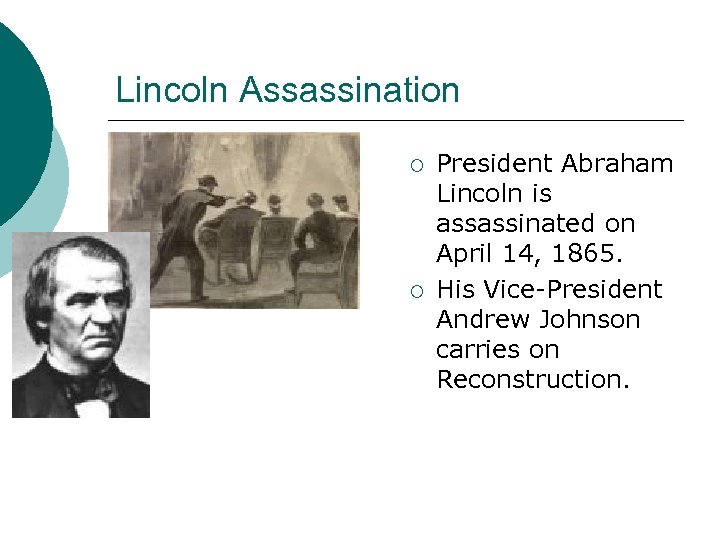 Lincoln Assassination ¡ ¡ President Abraham Lincoln is assassinated on April 14, 1865. His
