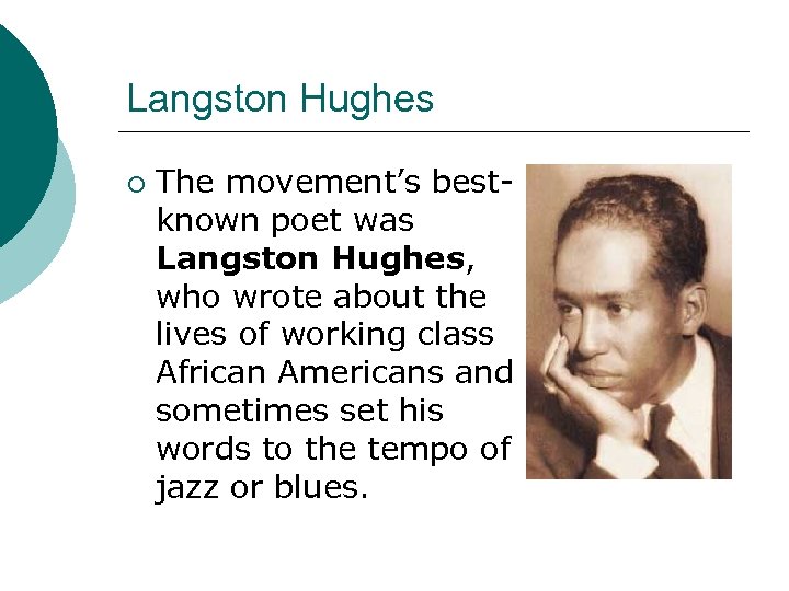 Langston Hughes ¡ The movement’s bestknown poet was Langston Hughes, who wrote about the