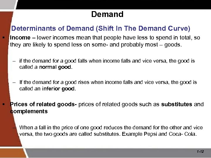 Demand Determinants of Demand (Shift In The Demand Curve) § Income – lower incomes