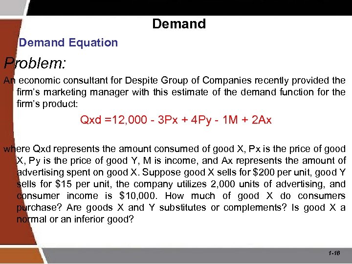 Demand Equation Problem: An economic consultant for Despite Group of Companies recently provided the