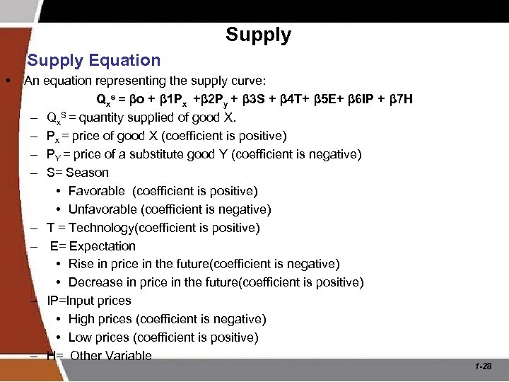 Supply Equation § An equation representing the supply curve: Qxs = βo + β