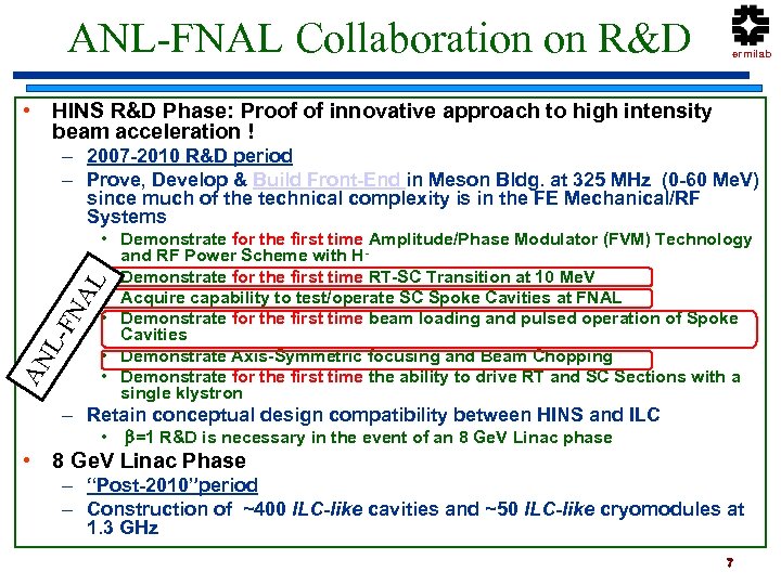 ANL-FNAL Collaboration on R&D HINS R&D Goals Fermilab • HINS R&D Phase: Proof of