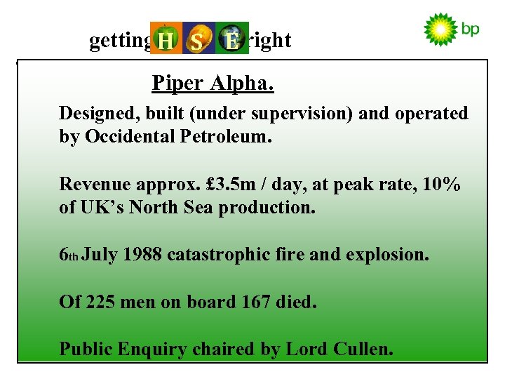 getting H S E right Piper Alpha. Designed, built (under supervision) and operated by