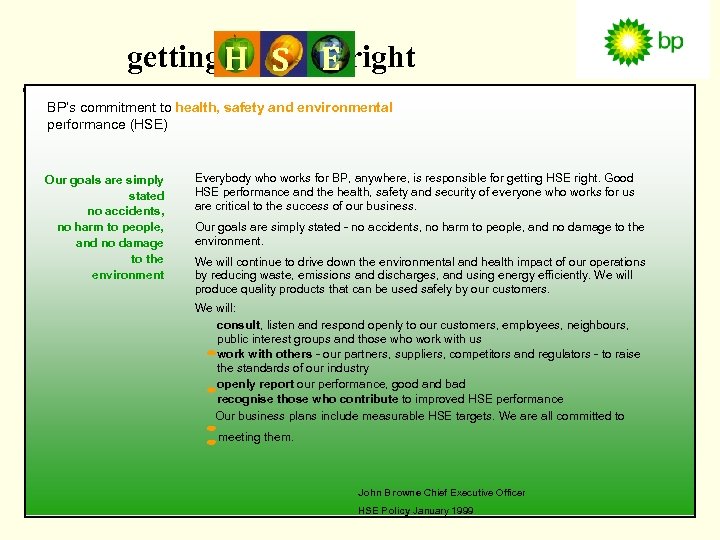 getting H S E right BP’s commitment to health, safety and environmental performance (HSE)