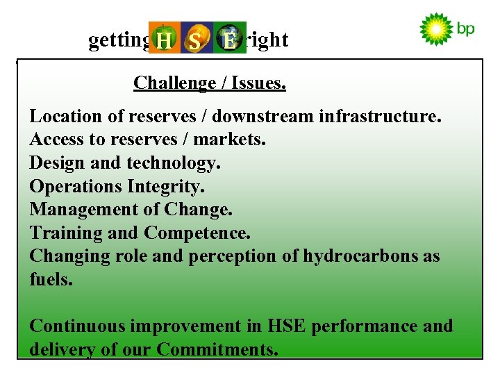 getting H S E right Challenge / Issues. Location of reserves / downstream infrastructure.