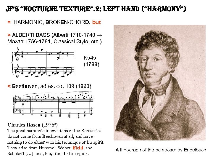 jf’s “nocturne texture”. 2: left hand (“harmony”) = HARMONIC, BROKEN-CHORD, but > ALBERTI BASS