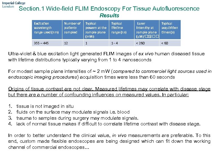 Section. 1 Wide-field FLIM Endoscopy For Tissue Autofluorescence Results Excitation wavelength range used (nm)