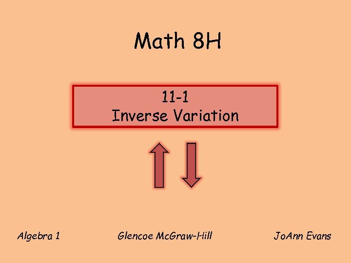 Math 8 H 11 -1 Inverse Variation Algebra 1 Glencoe Mc. Graw-Hill Jo. Ann