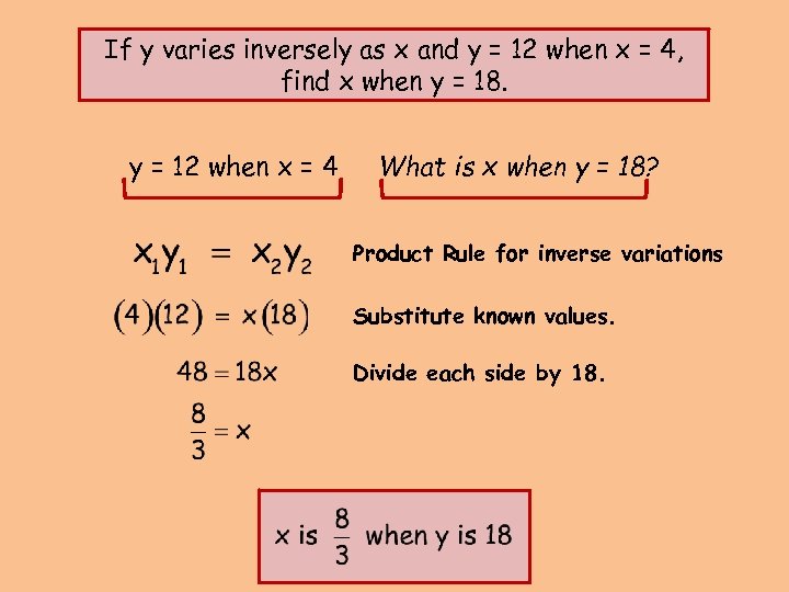 If y varies inversely as x and y = 12 when x = 4,