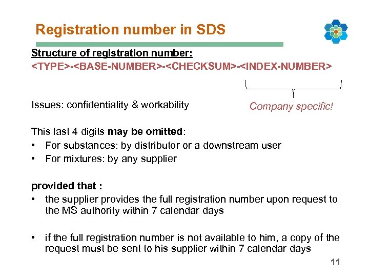 Registration number in SDS Structure of registration number: <TYPE>-<BASE-NUMBER>-<CHECKSUM>-<INDEX-NUMBER> Issues: confidentiality & workability Company