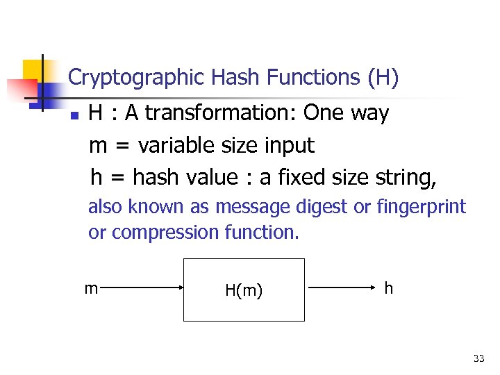 Cryptographic Hash Functions (H) n H : A transformation: One way m = variable