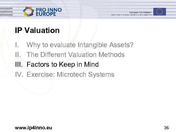 IP Valuation I. III. IV. Why to evaluate Intangible Assets? The Different Valuation Methods