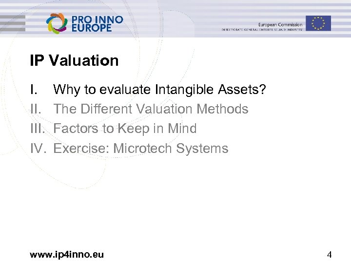 IP Valuation I. III. IV. Why to evaluate Intangible Assets? The Different Valuation Methods