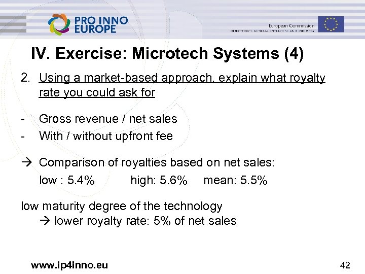 IV. Exercise: Microtech Systems (4) 2. Using a market-based approach, explain what royalty rate