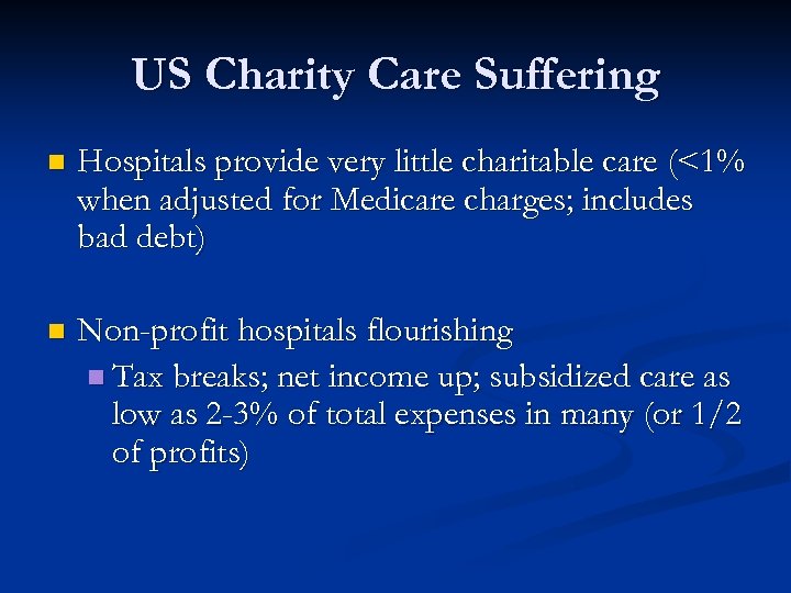 US Charity Care Suffering n Hospitals provide very little charitable care (<1% when adjusted