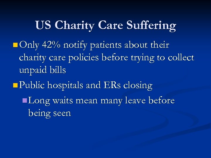 US Charity Care Suffering n Only 42% notify patients about their charity care policies