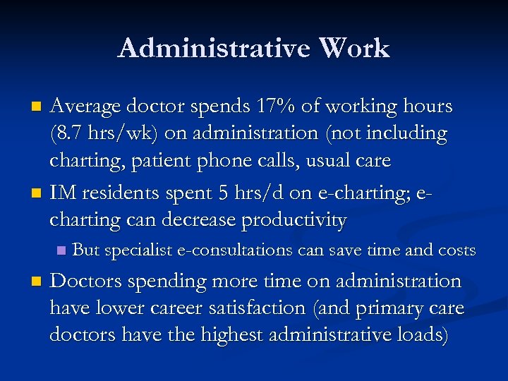 Administrative Work Average doctor spends 17% of working hours (8. 7 hrs/wk) on administration