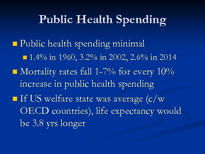 Public Health Spending n Public health spending minimal n 1. 4% in 1960, 3.