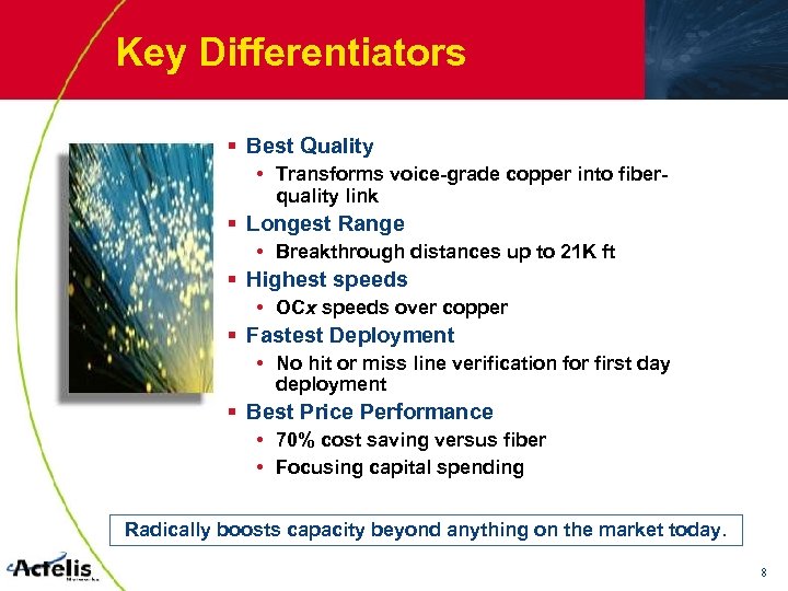 Key Differentiators § Best Quality • Transforms voice-grade copper into fiberquality link § Longest