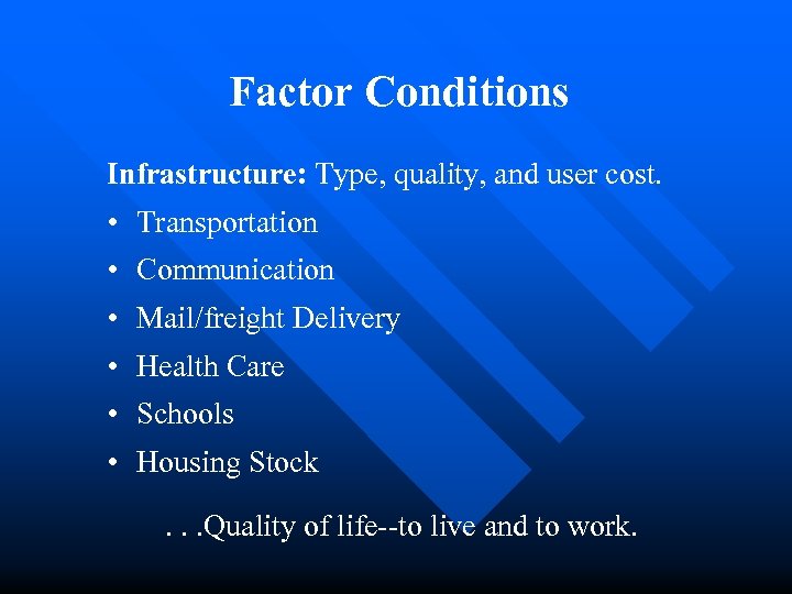 Factor Conditions Infrastructure: Type, quality, and user cost. • Transportation • Communication • Mail/freight