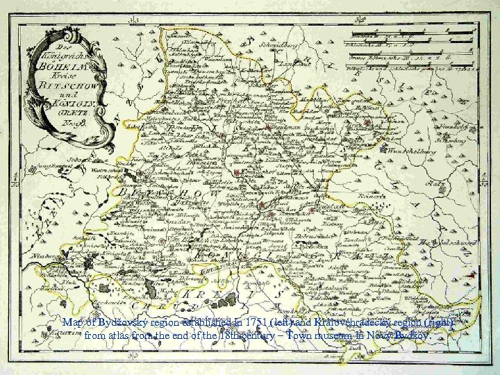 Map of Bydžovský region established in 1751 (left) and Královéhradecký region (right) from atlas