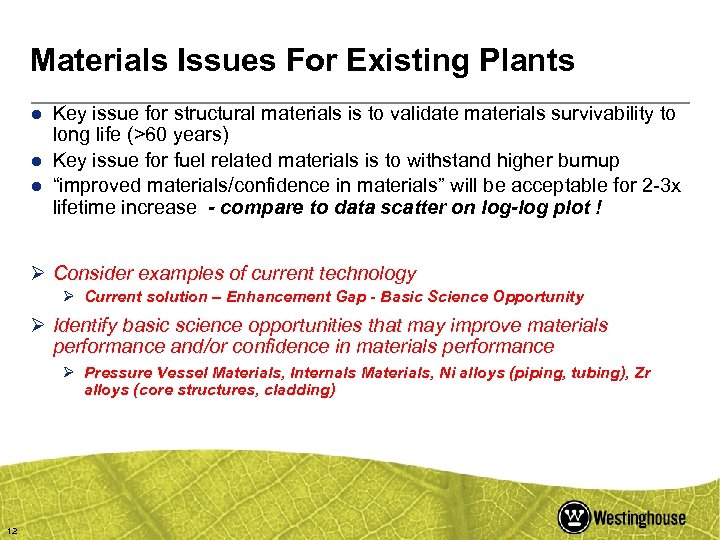 Materials Issues For Existing Plants ● Key issue for structural materials is to validate