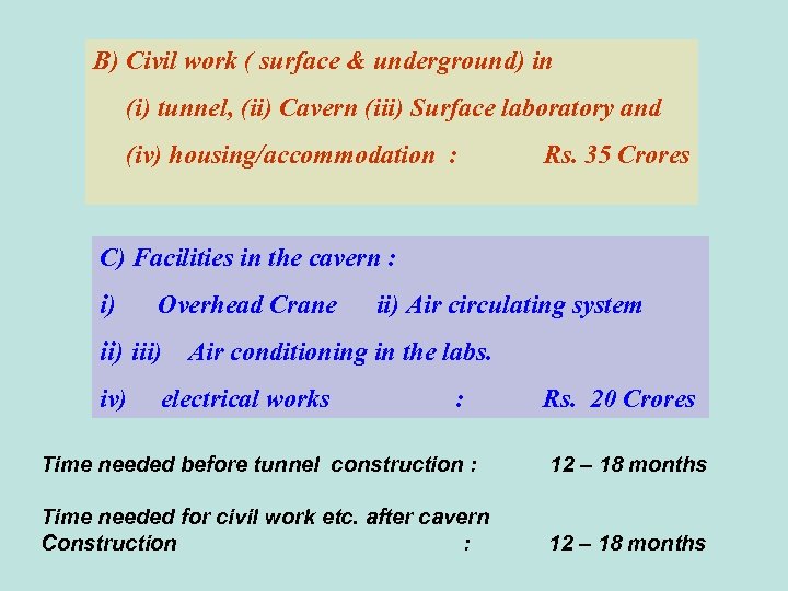 B) Civil work ( surface & underground) in (i) tunnel, (ii) Cavern (iii) Surface