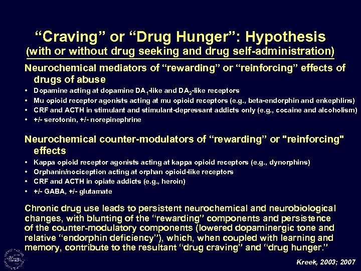 “Craving” or “Drug Hunger”: Hypothesis (with or without drug seeking and drug self-administration) Neurochemical