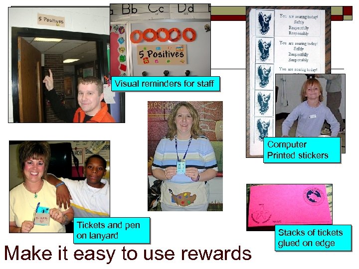 Visual reminders for staff Computer Printed stickers Tickets and pen on lanyard Make it