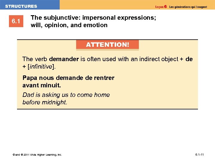 6. 1 The subjunctive: impersonal expressions; will, opinion, and emotion ATTENTION! The verb demander