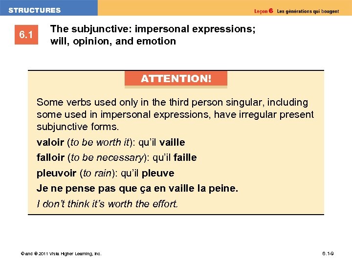 6. 1 The subjunctive: impersonal expressions; will, opinion, and emotion ATTENTION! Some verbs used