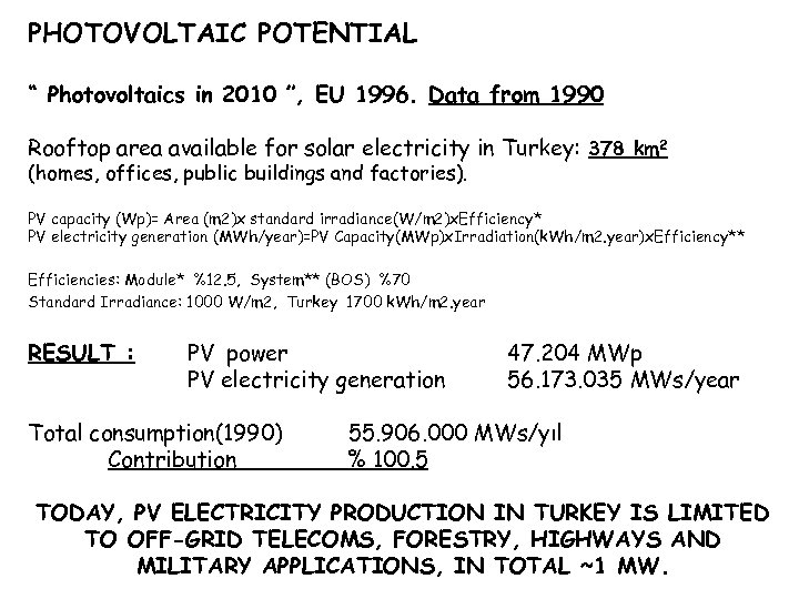 PHOTOVOLTAIC POTENTIAL “ Photovoltaics in 2010 ”, EU 1996. Data from 1990 Rooftop area
