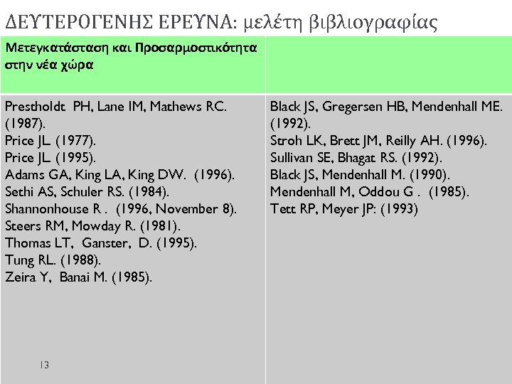 ΔΕΥΤΕΡΟΓΕΝΗΣ ΕΡΕΥΝΑ: μελέτη βιβλιογραφίας Μετεγκατάσταση και Προσαρμοστικότητα στην νέα χώρα Prestholdt PH, Lane IM,