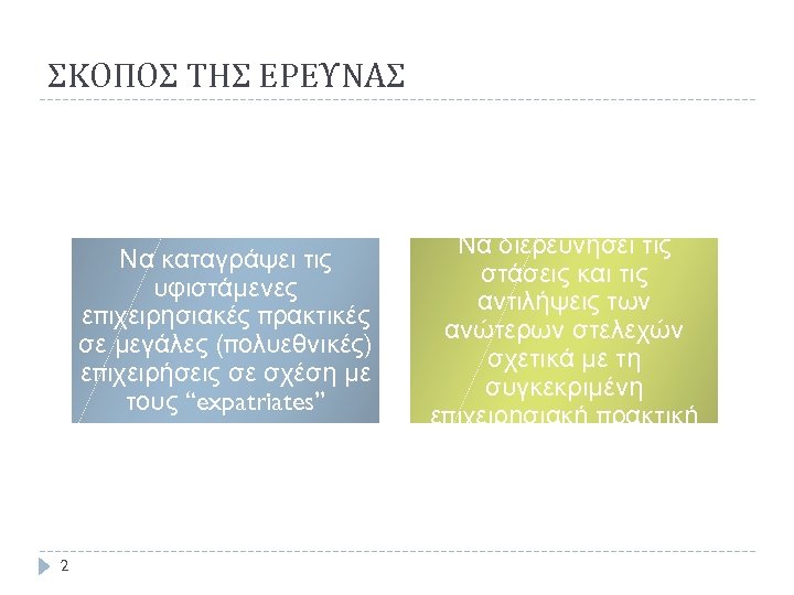 ΣΚΟΠΟΣ ΤΗΣ ΕΡΕΥΝΑΣ Να καταγράψει τις υφιστάμενες επιχειρησιακές πρακτικές σε μεγάλες (πολυεθνικές) επιχειρήσεις σε