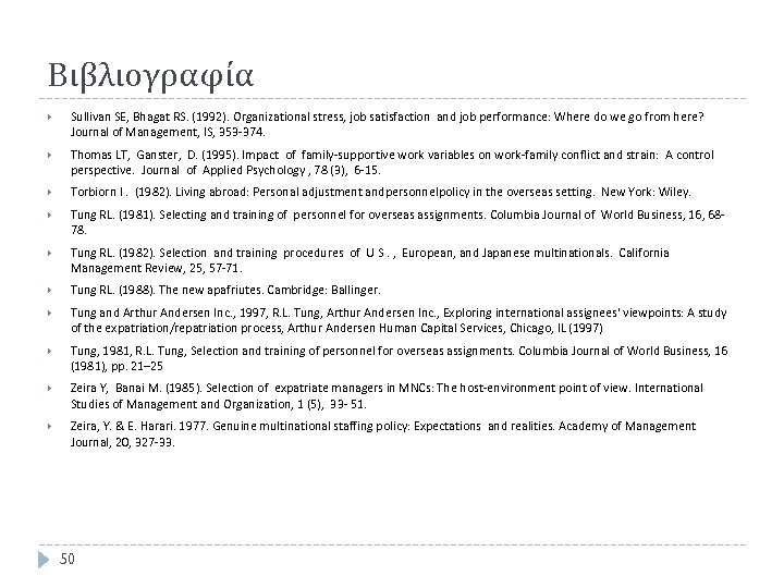 Βιβλιογραφία Sullivan SE, Bhagat RS. (1992). Organizational stress, job satisfaction and job performance: Where