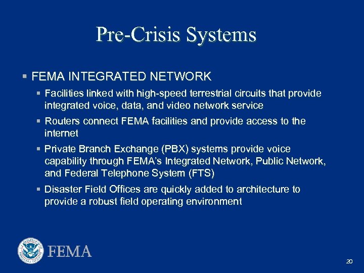 Pre-Crisis Systems § FEMA INTEGRATED NETWORK § Facilities linked with high-speed terrestrial circuits that