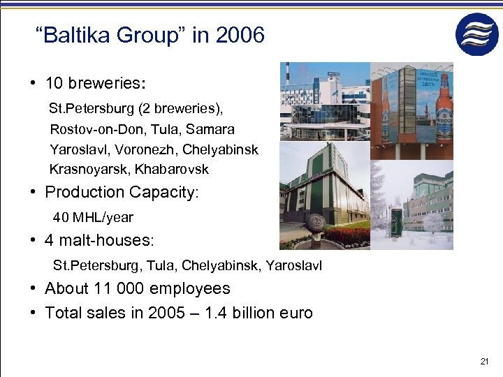“Baltika Group” in 2006 • 10 breweries: St. Petersburg (2 breweries), Rostov-on-Don, Tula, Samara
