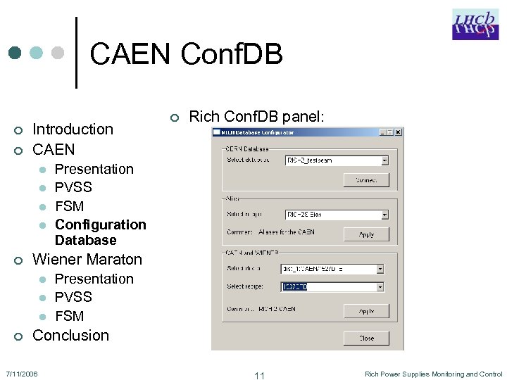 CAEN Conf. DB ¢ ¢ Introduction CAEN l l ¢ Rich Conf. DB panel: